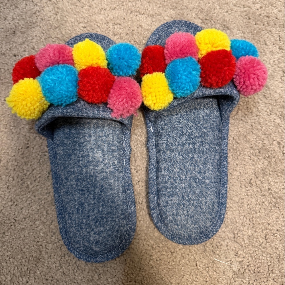 Couture Pom Pom Denim Slide Sandals Multicolor Pom Boho Festival Women’s 7 - Picture 1 of 3